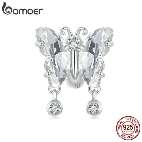 BAMOER 925 Sterling Silver Transparent Dazzling Butterflies Charm Pave Setting CZ for Women Bracelet DIY Fine Jewelry Gift