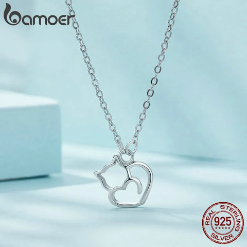 Bamoer 100% 925 Sterling Silver Minimalist Lovely Cat Pendant Necklace Cute Animal Neck Chain for Women Birthday Gift SCN188