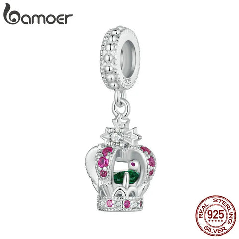 BAMOER 925 Sterling Silver Exquisite Princess Crown Charm Beads Pink Green CZ Pendant for Bracelets DIY Accessories