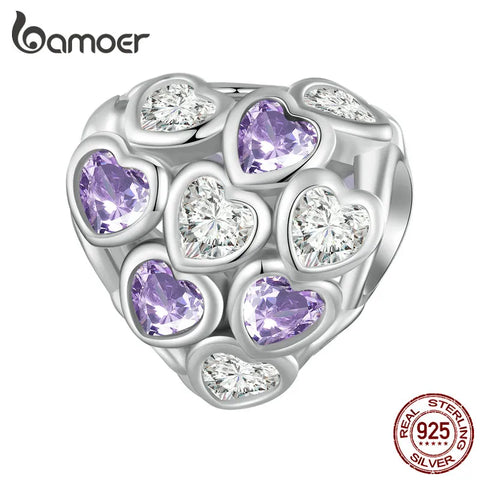 Bamoer 925 Sterling Silver Infinite Love Bead Purple Heart Zircon Charms for Women Original Bracelet and Bangle Fine Jewelry