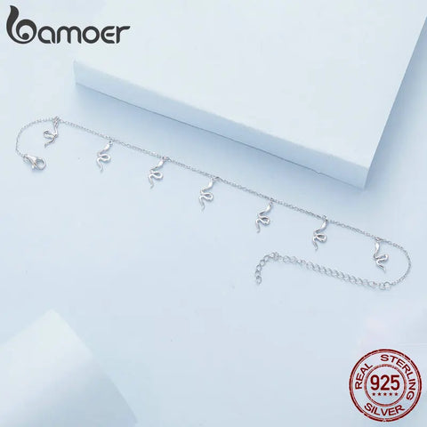 Bamoer Real 925 Sterling Silver Snake Pendant Anklet Simple Chain Foot Jewelry for Women Platinum Plated Summer Trendy Jewelry