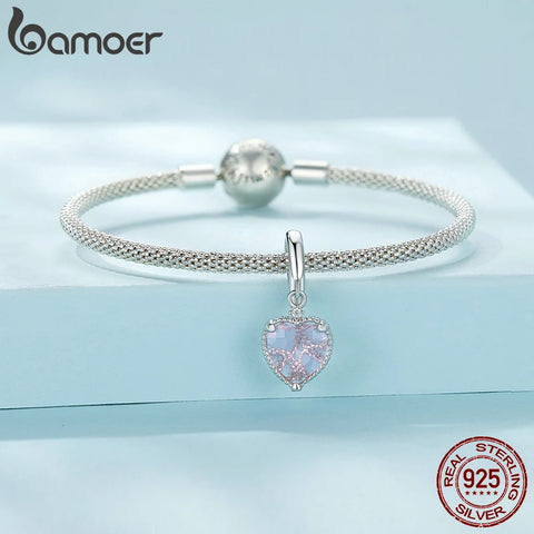 Bamoer 925 Sterling Silver Pink Heart Hanging Beads Hollow-out Love Pendant  Charms for Women Bracelet Necklace DIY