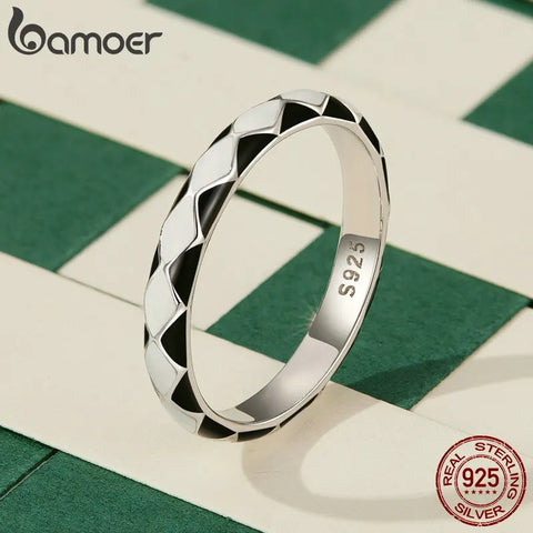 BAMOER 3mm Platinum Plated Rings Chunky Checkerboard Bands 925 Sterling Silver Trendy Cute Hypoallergenic Tarnish Statement Ring