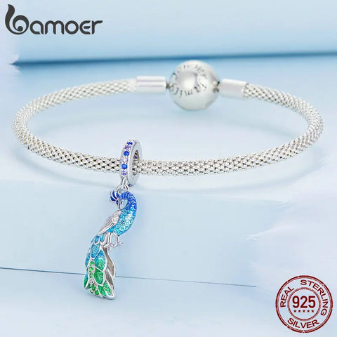Bamoer 925 Sterling Silver Gradual Blue Peacock Hanging Beads Delicate Animal Pendant Charms for Women Birthday Gift BSC696