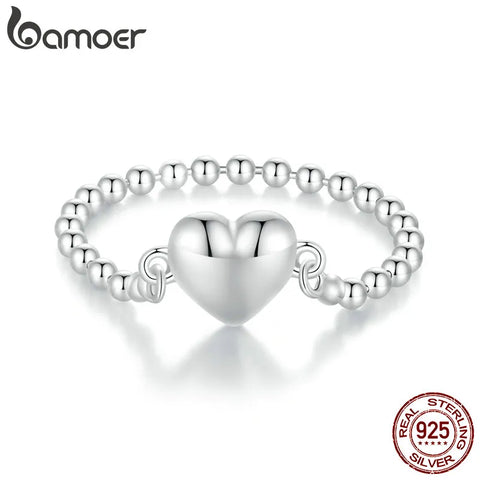 Bamoer 925 Sterling Silver Heart Ring Bead Chain Ring Original Design Fine Jewelry Gift for Women Party BSR488