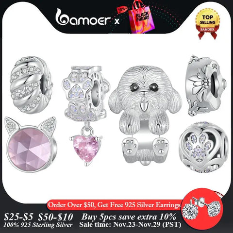 Bamoer 925 Sterling Silver Cute Cat Beads Paw Print Pendant Charms for Women Bracelet and Necklace DIY Fine Jewelry