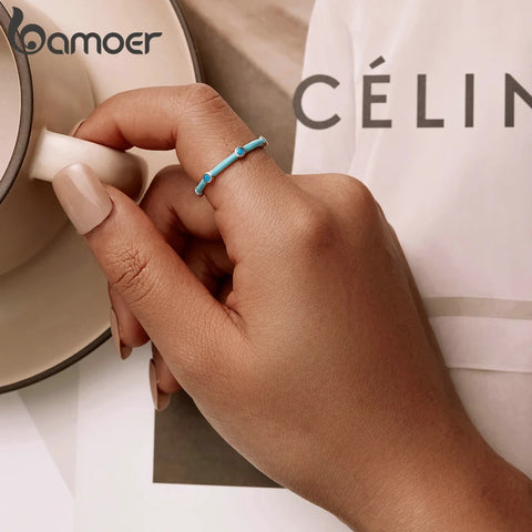 Bamoer 925 Sterling Silver Adjustable Delicate Turquoise Ring for Women Beach Holiday Band Ring Women Statement Jewelry Gift