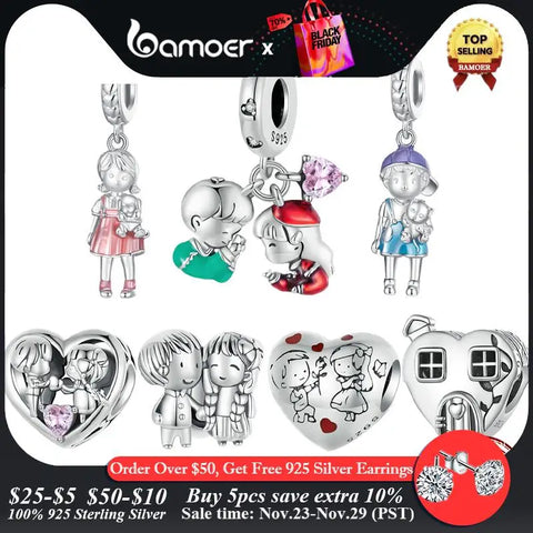 Bamoer 925 Sterling Silver Little Boy & Girl Pendant Charms Heart Shape Beads for Women Bracelet Necklace DIY  Accessories