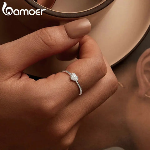 BAMOER 925 Sterling Silver Sparkling Heart Ring Braided Texture Twisted Ring for Women Anniversary Statement Jewelry