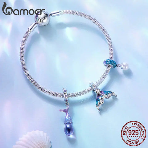 Bamoer 925 Sterling Silver Mermaid Tail Waterdrop Pendant Charms Fish Scale Beads for Women Bracelet and Necklace DIY