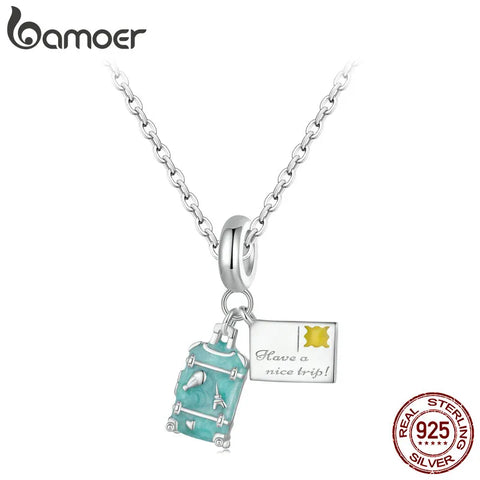 Bamoer 925 Sterling Silver Travel Series Suitcase Pendant Necklace Enamel Plane Neck Chain for Women Fine Jewelry Gift