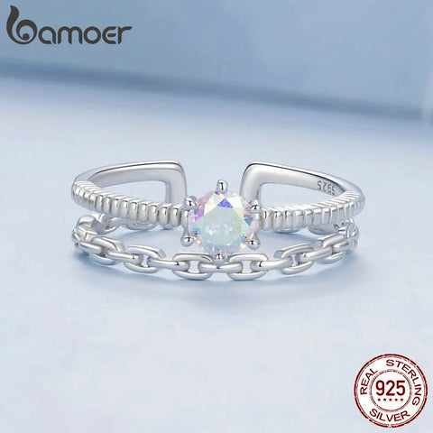 Bamoer 925 Sterling Silver Iridescent Double-Layer Ring, Adjustable Chain Ring Fashion Jewelry for Women Chic Jewelry Gift