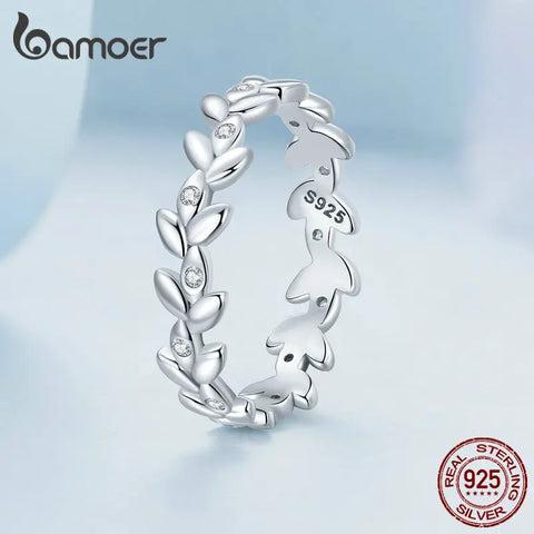 Bamoer 925 Sterling Silver Minimalist Leaf Ring Pave Setting CZ Arranged Leave Pattern Ring for Women Size 6-8 BSR306