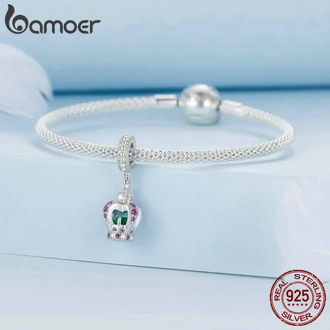 BAMOER 925 Sterling Silver Exquisite Princess Crown Charm Beads Pink Green CZ Pendant for Bracelets DIY Accessories
