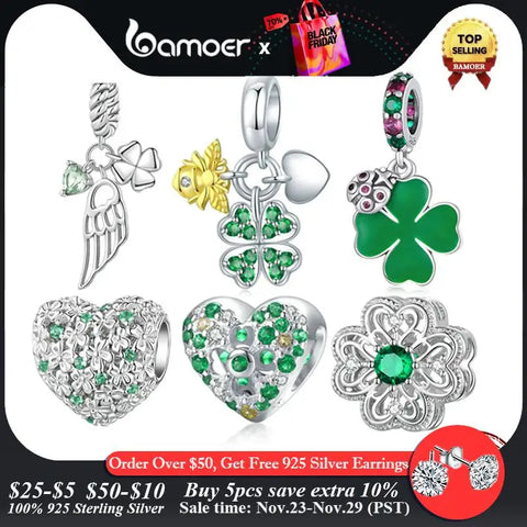 Bamoer 925 Sterling Silver Four-leaf Clover Pendant Charms Heart Shape Lucky Bead for Women Bracelet and Bangle DIY Fine Jewelry