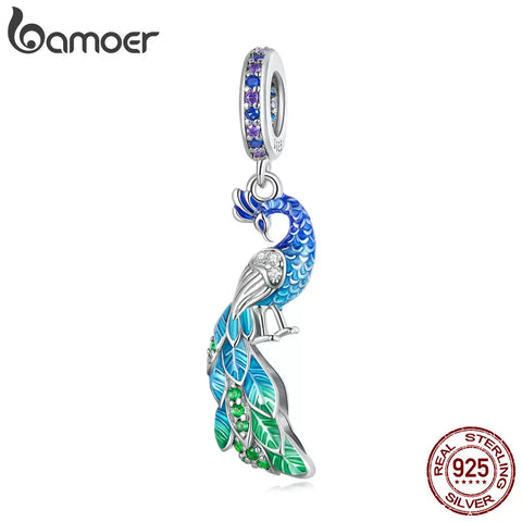 Bamoer 925 Sterling Silver Gradual Blue Peacock Hanging Beads Delicate Animal Pendant Charms for Women Birthday Gift BSC696