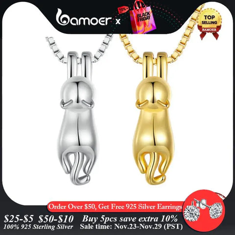 BAMOER Solid 925 Sterling Silver Cute Animal Necklace for Women, 14K Gold Plated Cat Pendant Jewelry for Her Birthday Gift