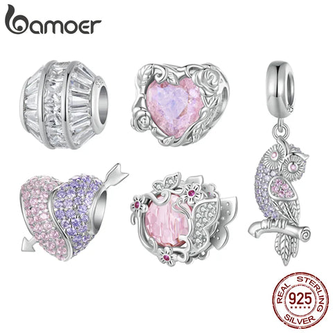 Bamoer 925 Sterling Silver Owl Pendant Charms Heart Shape Beads for Women Bracelet and Necklace DIY Pave Setting CZ Fine Jewelry