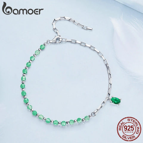 Bamoer 925 Sterling Silver Crystal Green Beads Bracelet Delicate Square Link for Women Birthday Valentine's Day Jewelry Gift