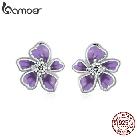 BAMOER Purple Flower Earrings for Women, 925 Sterling Silver Cute Plumeria Cherry Blossom Hypoallergenic Stud Earrings For Girl
