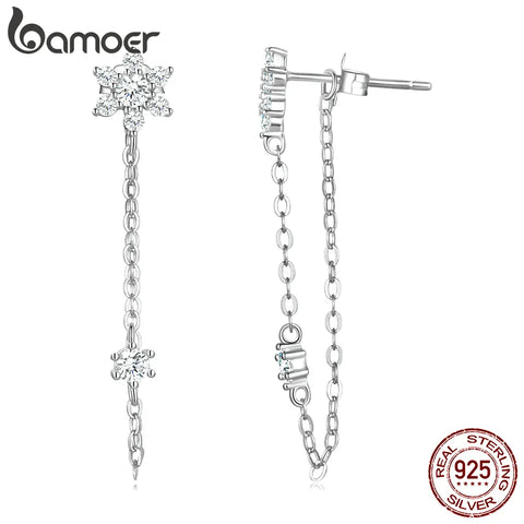 Bamoer 925 Sterling Silver Tassel Flower Ear Studs for Women Fine Jewelry Simple Bright Star Dangle Earrings Wedding Gift