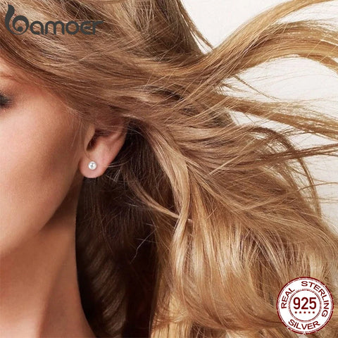 BAMOER 925 Sterling Silver Charm Pearl Beads Screw Stud Earrings For Women Trendy Mini Studs Fine Jewelry