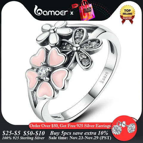 BAMOER Fashion 925 Sterling Silver Pink Flower Poetic Daisy Cherry Blossom Finger Ring for Women #6 7 8 9 Size Jewelry SCR004