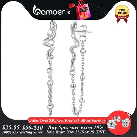 Bamoer 925 Sterling Silver Snake Stud Earrings Long Tassel Drop Earrings for Women Party Platinum Plated Fine Jewelry