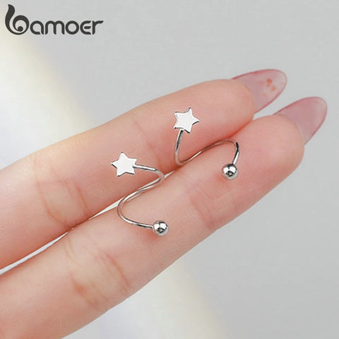 Bamoer 925 Sterling Silver Ear Buckle Rotating Wave Mini Star & Heart Stud Earrings for Women Plated Platinum Jewelry Gift