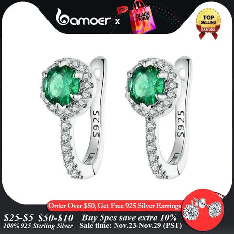 BAMOER Platinum Plated Green Cubic Zirconia 925 Sterling Silver Hoop Earrings, Elegant Solitaire Round Huggie Fashion Earrings