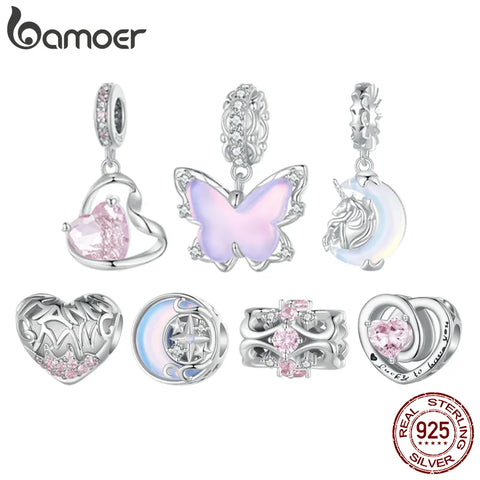 Bamoer 925 Sterling Silver Pink Heart Beads Butterfly Charm for Women Bracelet and Necklace DIY Thanksgiving Gift Fine Jewelry