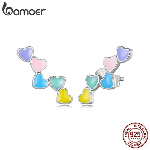 Bamoer 925 Sterling Silver Enamel Rainbow Heart Stud Earrings Sweet Candy Love Earrings for Girls Women Fine Jewelry Gift