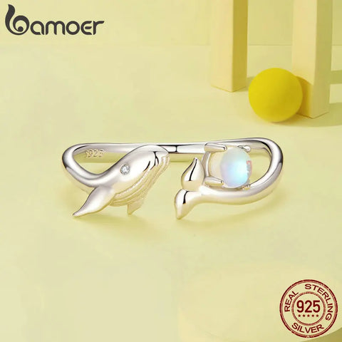 Bamoer 925 Sterling Silver Cute Whale Opening Ring Fish and Ball Adjustable Ring for Women Fine Jewelry BSR473-E