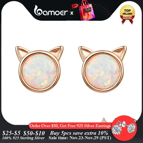 BAMOER New Arrival 925 Sterling Silver Cute Cat Ears Big Stone Small Stud Earrings for Women Fashion Earrings Jewelry SCE538