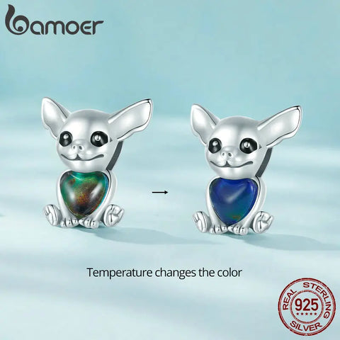 Bamoer 925 Sterling Silver Mood Stone Astronaut Charms Cute Chihuahua Dog Beads for Women Bracelet and Bangle DIY