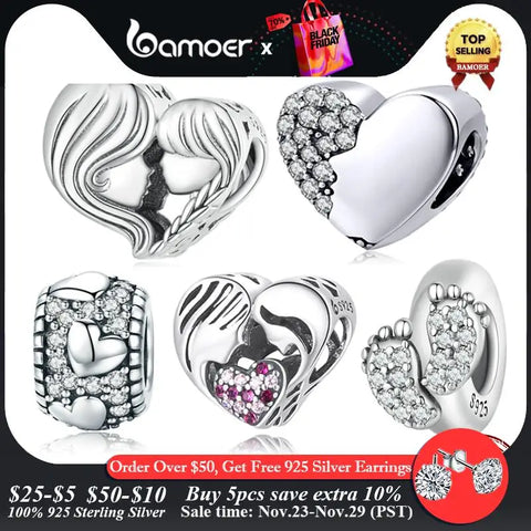 Bamoer 925 Sterling Silver Mother & Daughter Bead Affinity Heart Charm for Women Bracelet Bangle DIY Mother's Day Gift BSC687