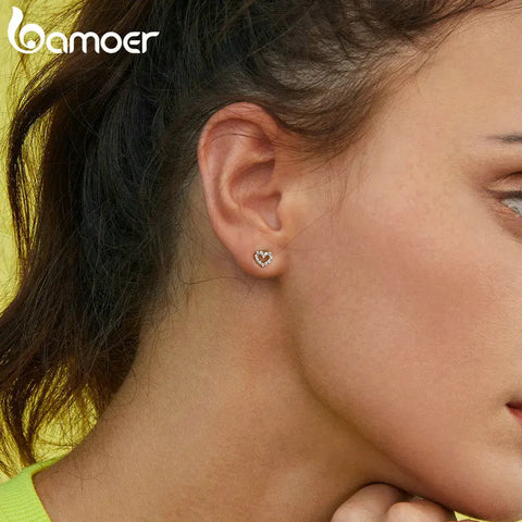 BAMOER Platinum Gold Plated Heart Stud Earrings | 925 Sterling Silver Dainty Earrings for Women