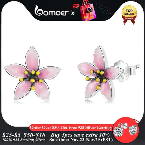 bamoer Genuine 925 Sterling Silver Elegant Enamel Pink Cherry Blossom Stud Earrings for Women Flower Wedding Jewelry Gift