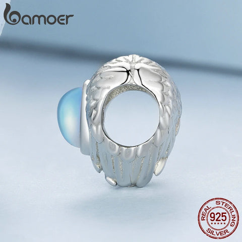 Bamoer 925 Sterling Silver Wing Heart Series Guard of Love Moonstone Charms for Women Original Bracelet Fine Jewelry BSC867