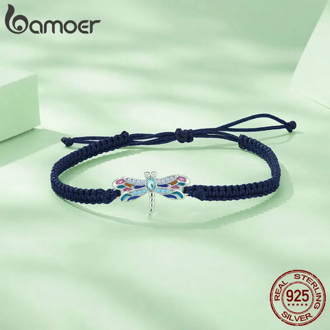 Bamoer 925 Sterling Silver Enamel Dragonfly Rope Bracelet Adjustable Insect Chain Link for Women Pave Setting CZ Fine Jewelry