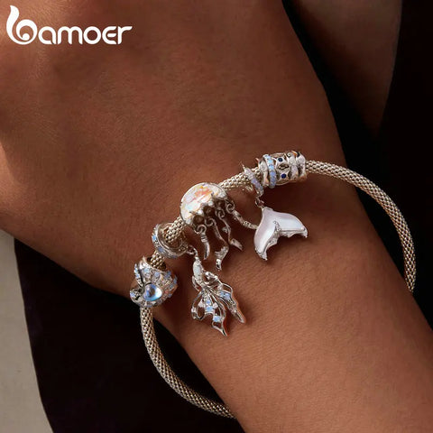 Bamoer 925 Sterling Silver Ocean Series Jellyfish Pendant Charms Fish Tail Beads for Women Bracelet & Necklace DIY Fine Jewelry