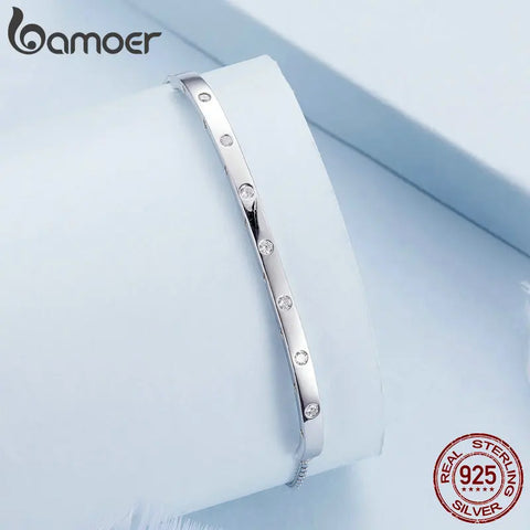 Bamoer 925 Sterling Silver Platinum Plated Adjustable Bracelet Pave Setting CZ Bangle for Women Birthday Anniversary Gift BSB145