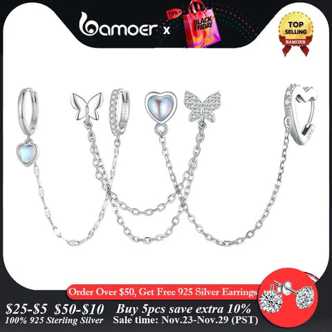 Bamoer 925 Sterling Silver One Piece Butterfly Stud Earrings Long Tassel Earrings for Women Girls Sweet Fine Jewelry Gift
