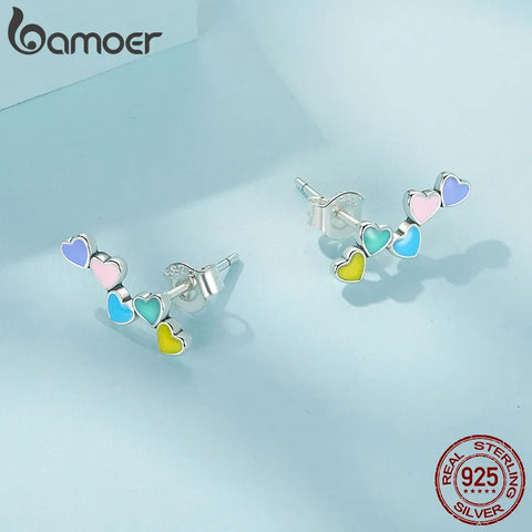 Bamoer 925 Sterling Silver Enamel Rainbow Heart Stud Earrings Sweet Candy Love Earrings for Girls Women Fine Jewelry Gift