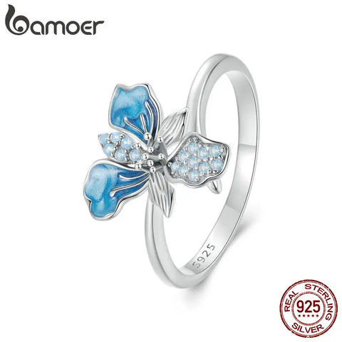 BAMOER 925 Sterling Silver Blue Iris Adjustable Ring Exquisite Enamel Flower Opening Ring for Women Party Fine Jewelry