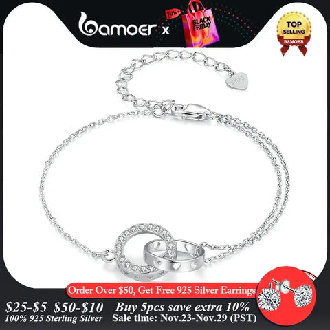 Bamoer 925 Sterling Silver Double Circle Bracelet Eternity Adjustable Chain Link Platinum Plated for Women Valentine's Day Gift
