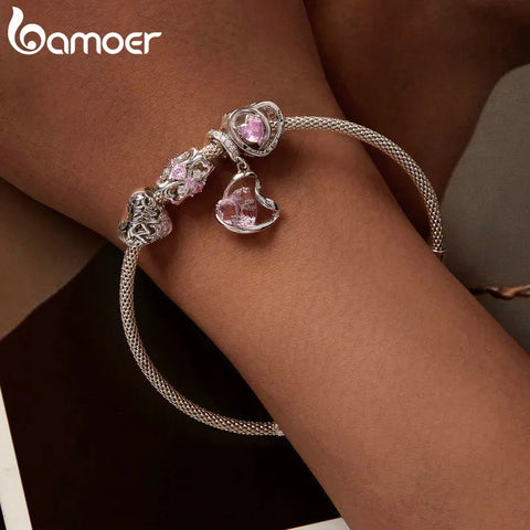 Bamoer 925 Sterling Silver Pink Heart Beads Butterfly Charm for Women Bracelet and Necklace DIY Thanksgiving Gift Fine Jewelry