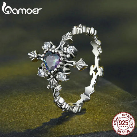 Bamoer 925 Sterling Silver Classic Cross Opening Ring Retro Heart Zircon Adjustable Ring for Women Party Fine Jewelry BSR482-E