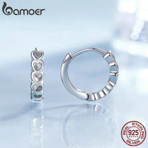 Bamoer 925 Sterling Silver Hollow Heart Ear Buckles Classic Round Hoop Earrings for Women Girls Original Design Fine Jewelry