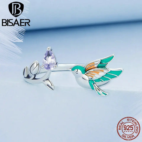 BISAER 100% 925 Sterling Silver Kingfisher Jewerly Set Bird Bracelet Open Ring Stud Earrings Purple Zircon for Women Party Gift